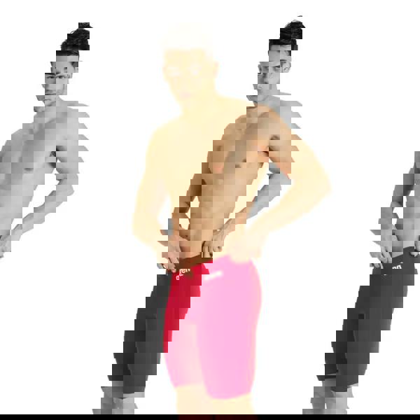 Red Arena team solid swim jammer shorts with white logo