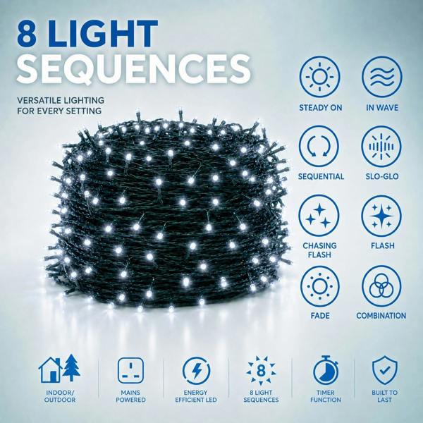 Cool White LED Fairy String Lights with Green Cable, 8 Modes, Memory and Auto Timer image 6
