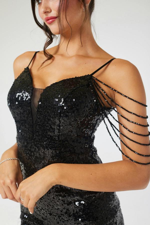 LuvForever Black Jewelled Shoulder Sequin Mini Dress