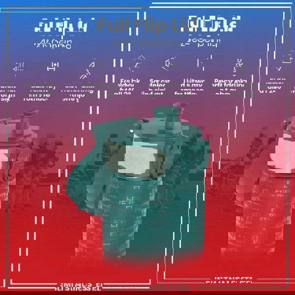 A teal, slim stainless steel water bottle with a flip lid, showing a 240° opening; it's situated against a blurred background of football players. The bottle features repeating "Philadelphia Fly Eagles Fly" text.