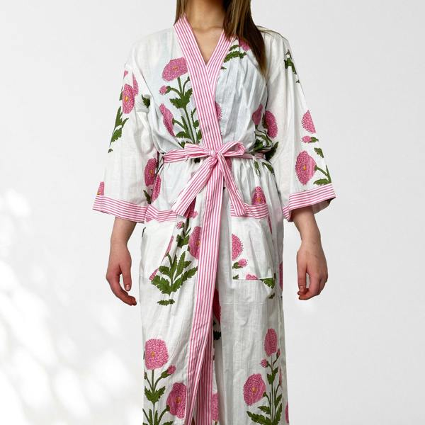 Hayley & Co White and Pink Flower Print 100% Cotton Dressing Gown