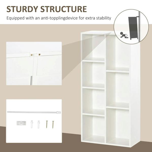 White bookcase with open cubby shelves and anti-tipping hardware for stability.