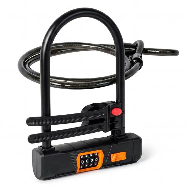 Bike Lock Combination D Lock with Cable 4 Digit Alloy Steel Black Orange