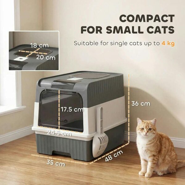 Enclosed Cat Litter Box with Lid, Pull-Out Drawer Tray, Scoop, 2 Deodorisation Bags, Front Entry & Top Exit, Grey