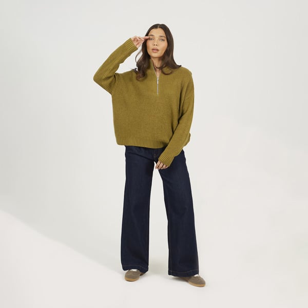 Brave Soul Half Zip Funnel Neck Fisherman Knit Jumper - Olive