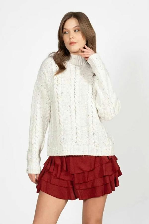 Hoxton Gal Braided High-Neck Sweater in Cream