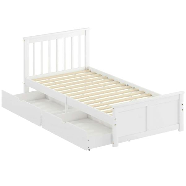 White wooden single bed frame with slatted base and three storage drawers.