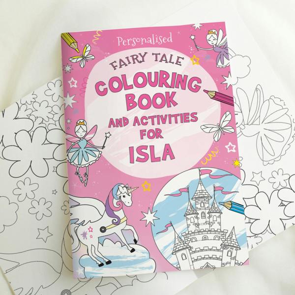 Front cover of the personalised fairy tale colouring and activity book featuring the name Isla with princess, unicorn, and castle illustrations