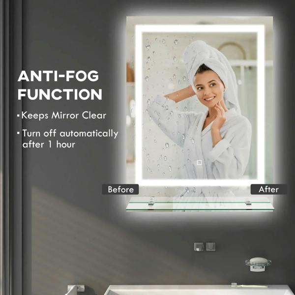 Illuminated anti-fog bathroom mirror with LED frame and clear glass shelf