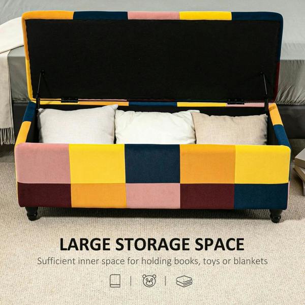 Multicolour patchwork storage bench with open lid and white padded storage interior