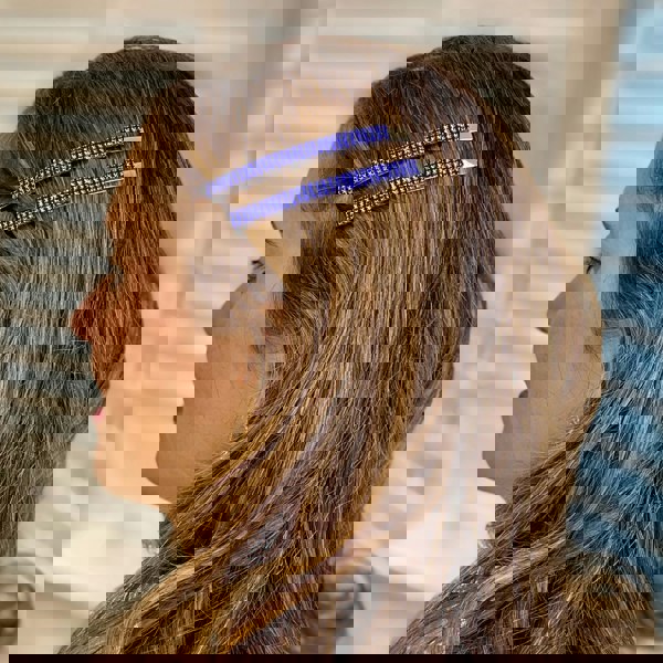 Set of large blue diamante hair slides, silver-tone metal, encrusted with blue crystals, slim bar design, decorative hair clips
