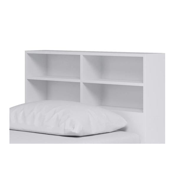 White 4 cube bookcase that can be attached to either end of the bed frame.