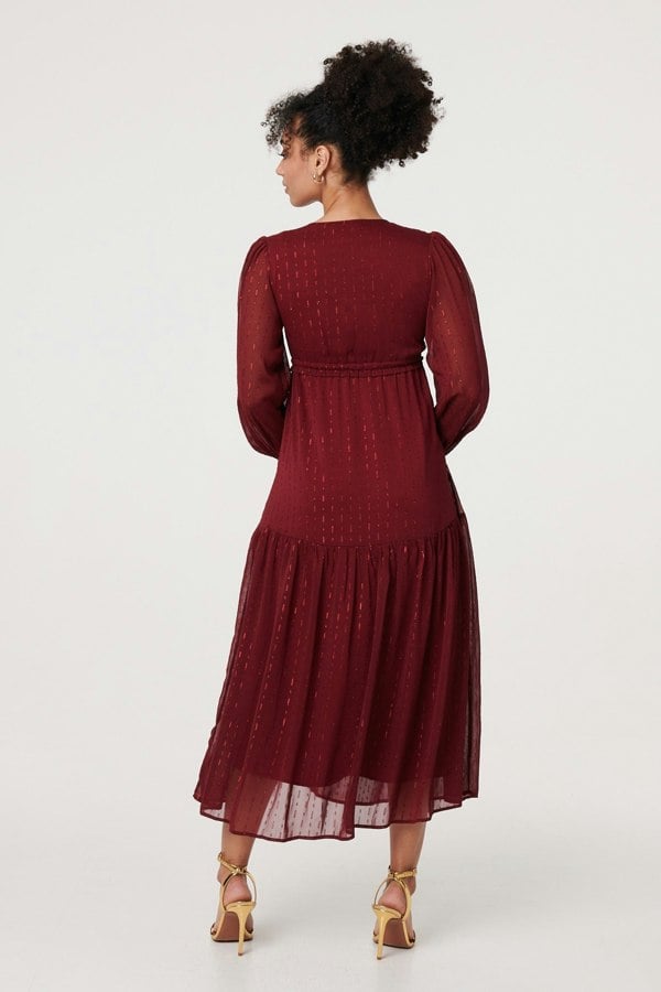 Red | Sparkly Semi Sheer Long Sleeve Midi Dress
