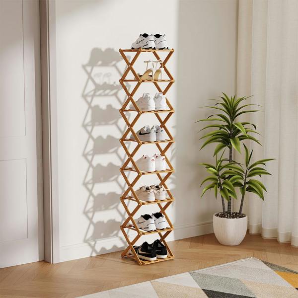Living and Home 9 Tier Bamboo Folding Shoe Rack Shoe Storage Organiser - Natural
