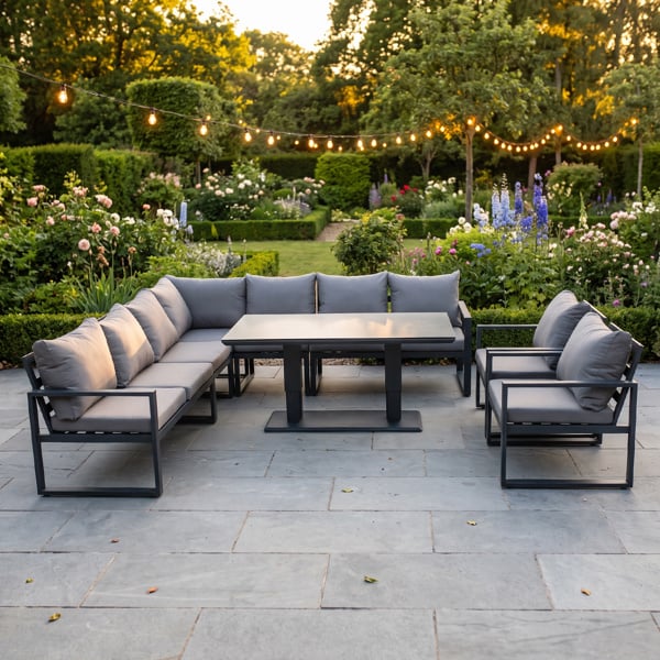 Fimous 9 Seater Aluminum Outdoor Garden Furniture Set with Corner Sofa, 2 Arm Chairs, Adjustable Rising Dining Table - Dark Grey