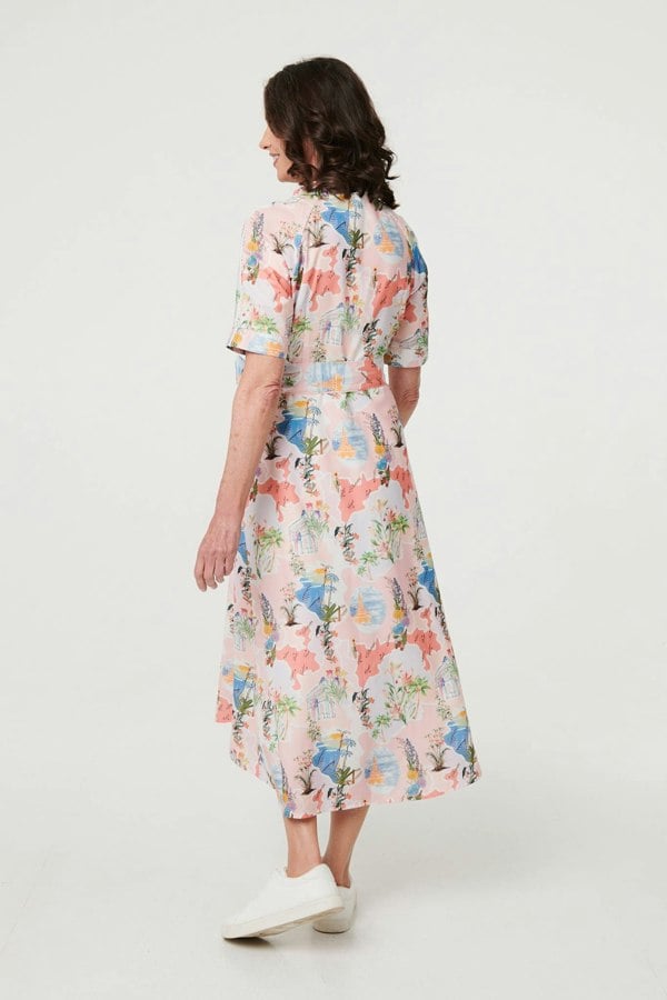 Pink | Printed Tie Waist 1/2 Sleeve Midi Dress
