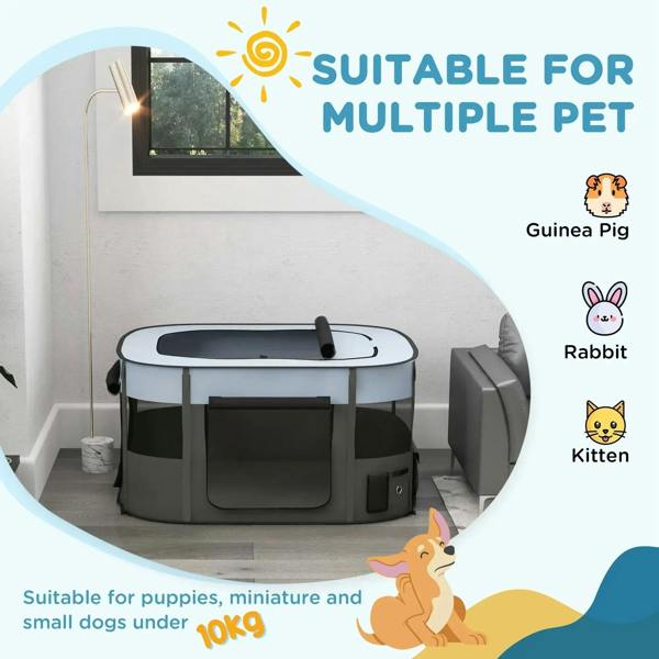 Grey foldable dog playpen with mesh walls and zip door in an indoor setting