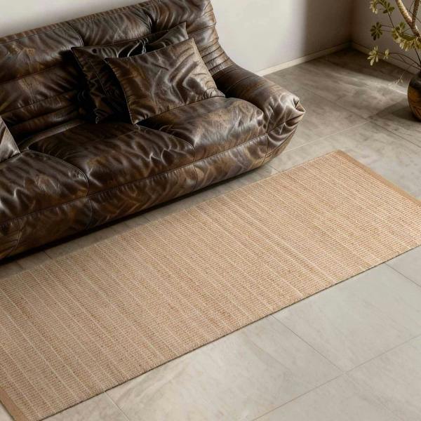 Brown leather sofa with a woven area rug on a tiled floor.