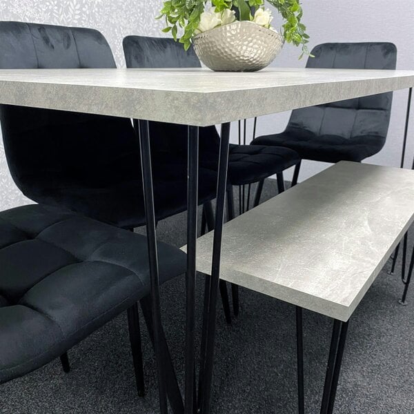 Kosy Koala Grey Dining Table with Hairpin Legs, Bench & 4 Black Velvet Chairs Set for Kitchen & Dining Room