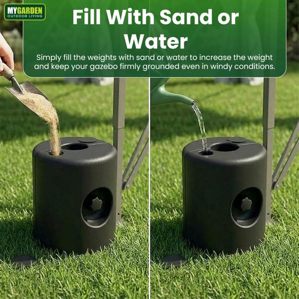 My Garden Outdoor Living My Garden Gazebo Weights 4 Pack - Fillable Marquee Leg Weights for 25mm Poles, Weather Resistant, Water or Sand Filled
