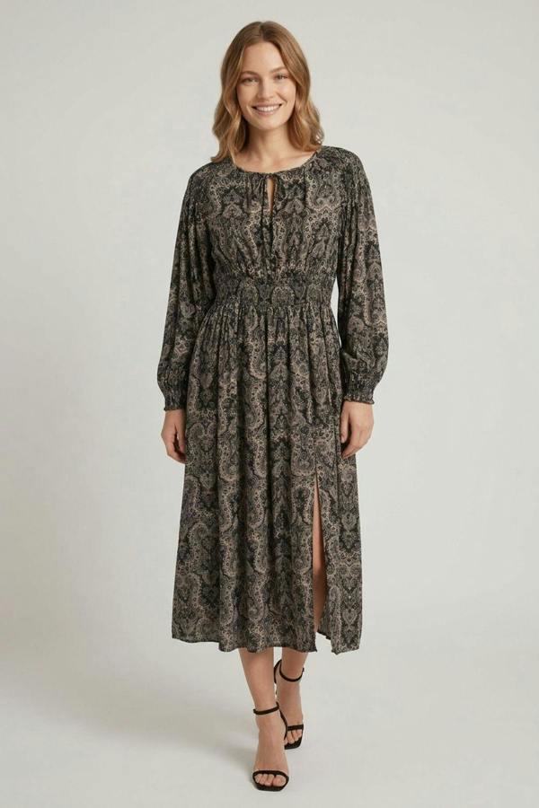 Black | Abstract Shirred Long Sleeve Midi Dress