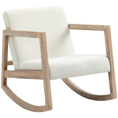 Rocking Chair, Upholstered Sofa Armchair with Cushion and Wood Base for Living Room and Bedroom, Cream White