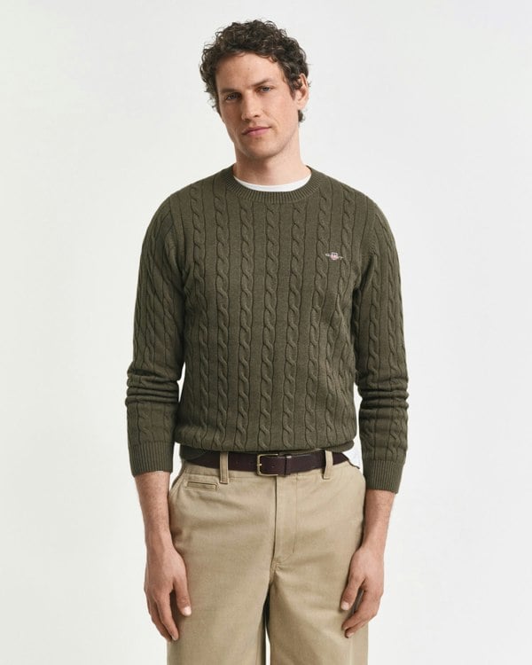 GANT Mens Cotton Cable Knit Crew Neck Jumper - 384 Khaki Green Mel - CHO - Designer Mens Crew Neck Jumpers