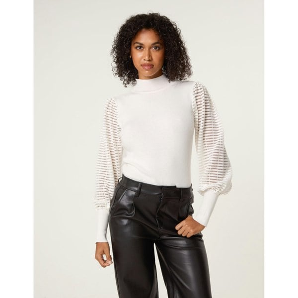 Blue Vanilla Semi-Sheer Mesh Panel Long Sleeve Jumper - Ivory