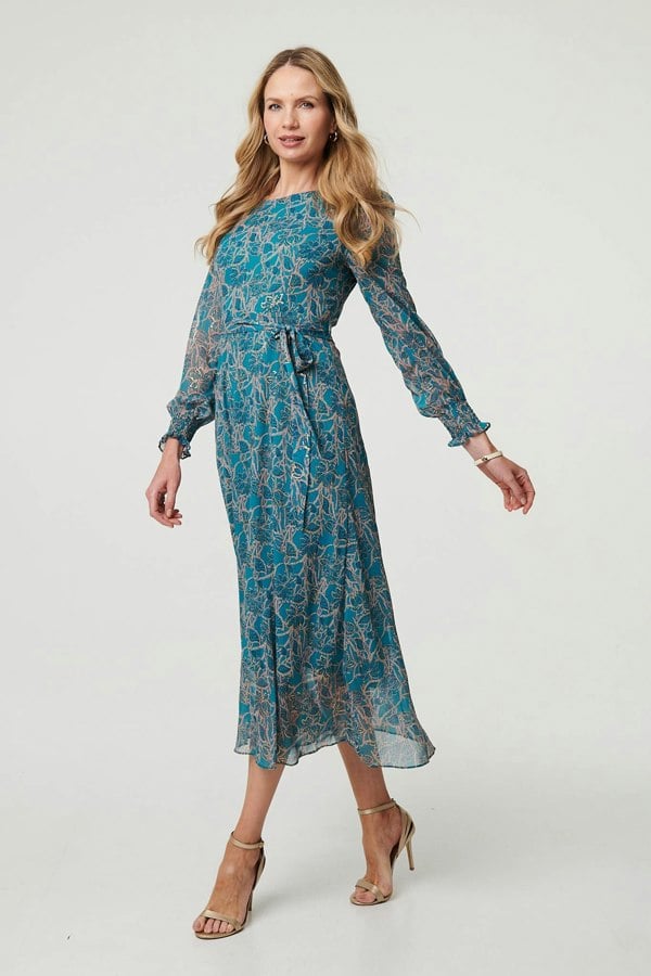Teal | Printed Tie Waist Layered Midi Dress
