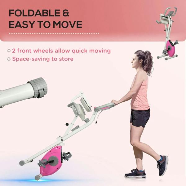 Folding exercise bike with front wheels and compact design for easy storage