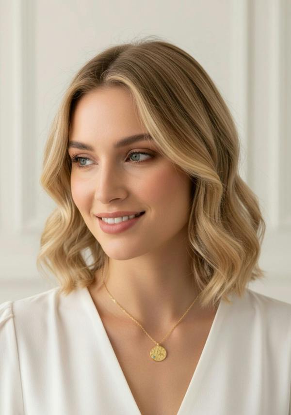 Woman wearing a gold necklace with a circular pendant against a plain background
