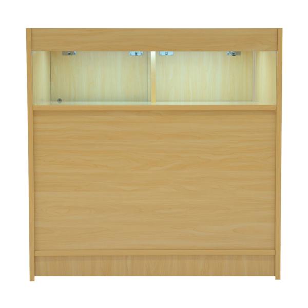 Luna LED Shop Counter Set in maple finish features a sleek design with two illuminated display sections and smooth texture