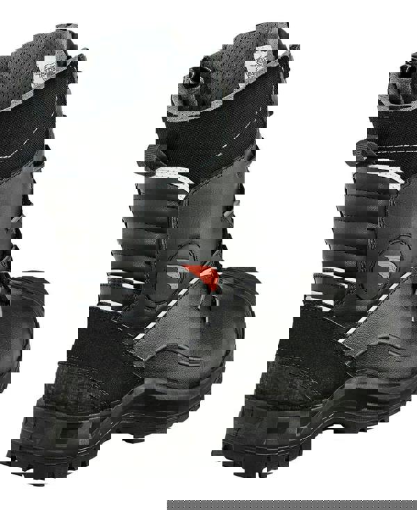 Red Wing Shoes Red Wing 3207 Petroking Mens Tall Zip Up Waterproof Safety Ankle Boots, black leather work boots with waterproof fabric, lace-up closure, padded collar, and slip-resistant outsole.