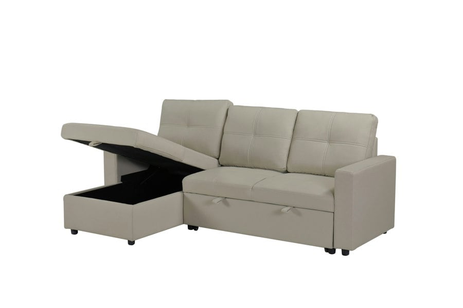 SQUAREBOXX Newport Leather 3 Seater Pullout Sofa Bed in Beige with Storage Compartment