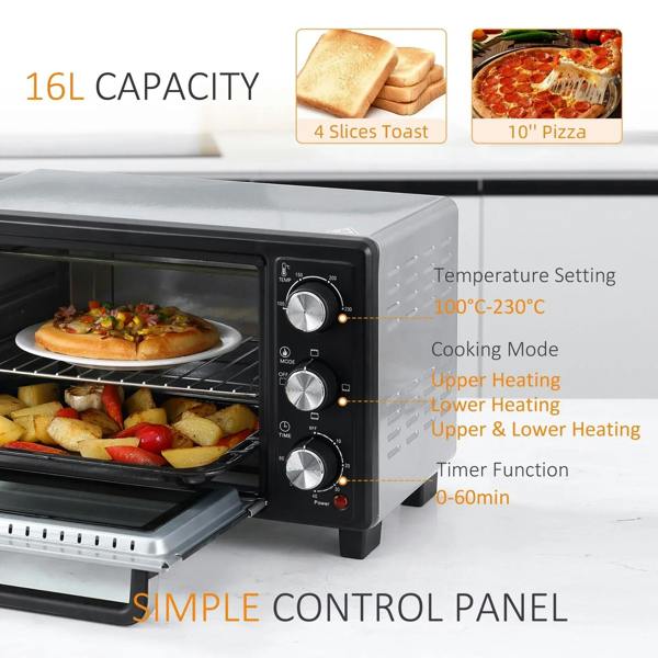 Black countertop oven interior showing pizza and roasted potatoes with control dials