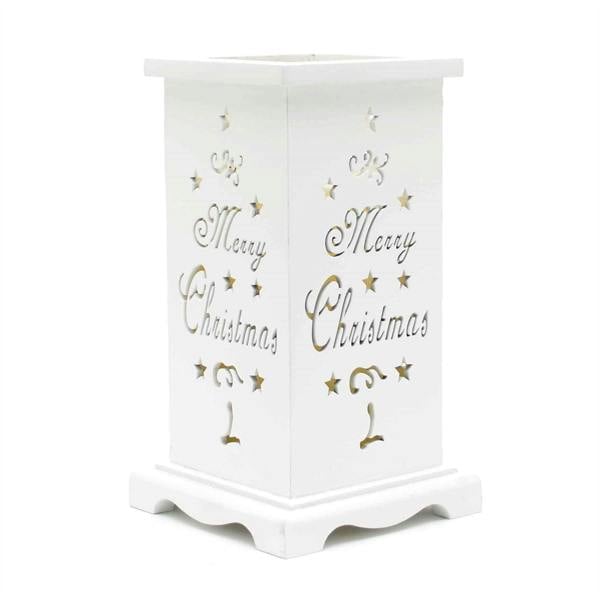 220mm LED Flameless Wooden Table Top Candle Holder with Merry Christmas Engraving, White image 1