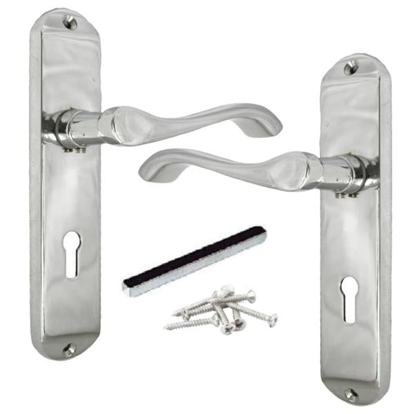EDH Door Hardware Cadenza Victorian Scroll Door Handles Polished Chrome – Lever Latch, Bathroom Lock & 3 Lever Lock Sets