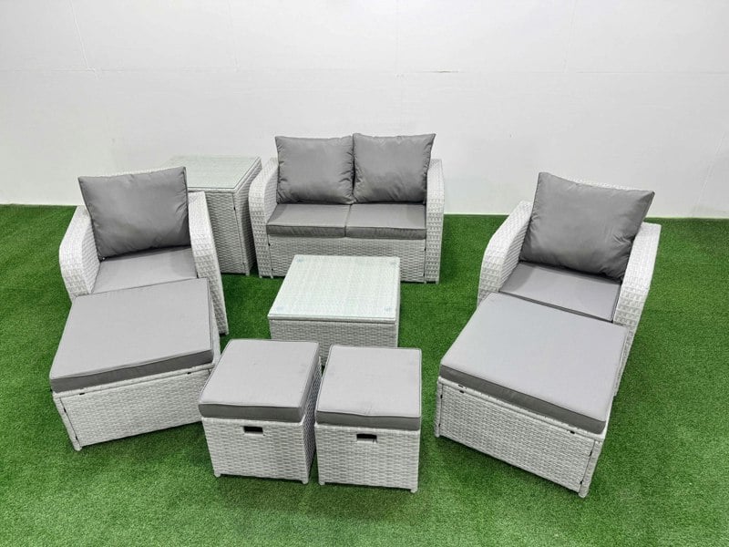 Fimous Outdoor Garden Furniture Set PE Rattan Love Sofa Reclining Chair Set with Coffee Table 4 Footstools Side Table Light Grey