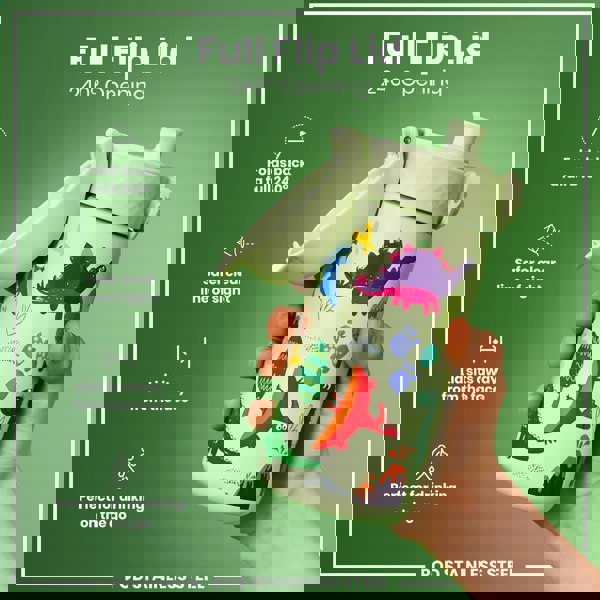 A stainless steel water bottle, featuring a full flip lid and dinosaur illustrations, is held in a hand against a green background. The lid provides a 240° opening. POD STAINLESS STEEL.