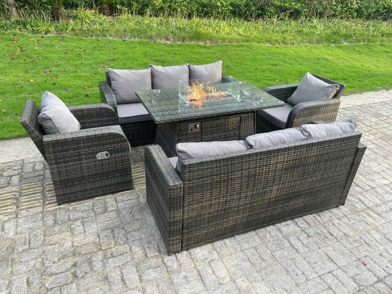 Fimous Rattan Outdoor Furniture Gas Fire Pit Rectangle Dining Table Gas Heater Adjustable Reclining Chair 3 Seater Sofa Sets 8 Seater