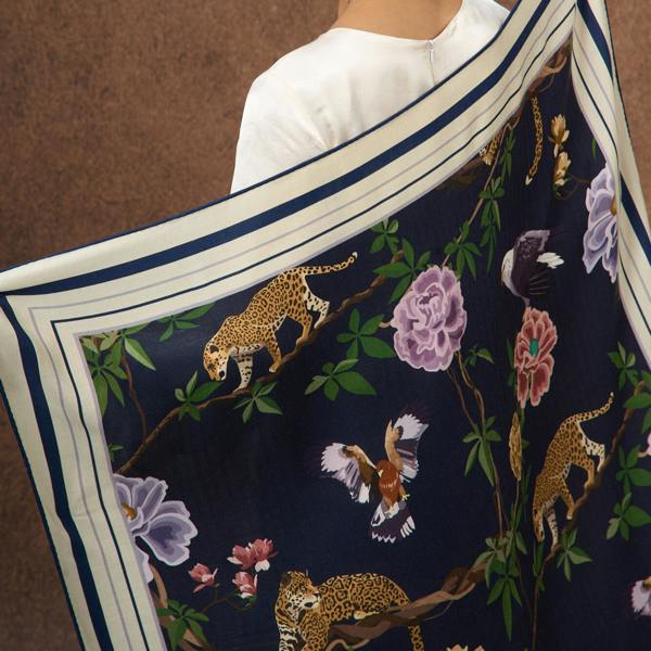 Midnight Safari Wool Silk Scarf – Animal Print Wrap, Hand-Rolled Hem, Winter Gift