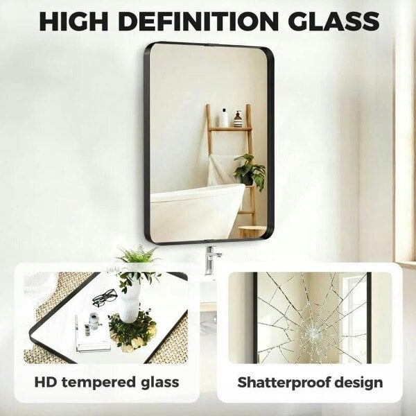 Rectangular Wall Mirror, 90 x 60 cm Wall Mounted Bathroom Mirror with Aluminium Alloy Frame and Tempered Glass, Black