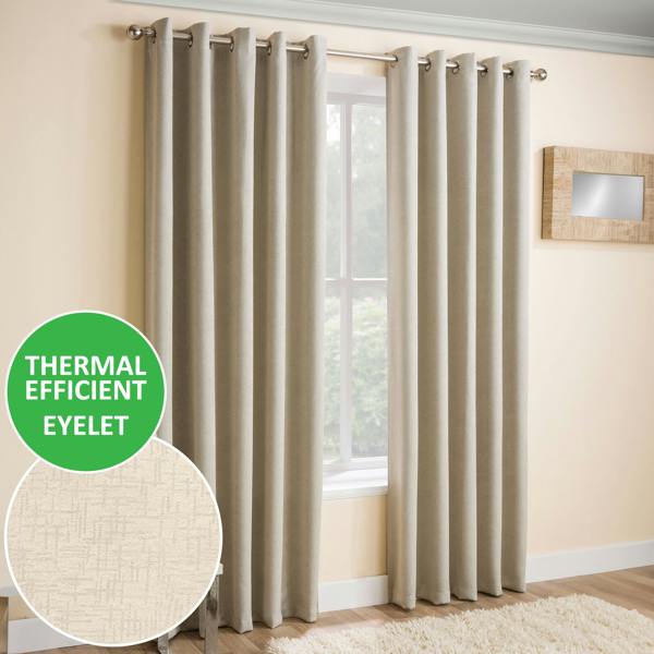 Enhanced Living Cream Plain Textured Thermal Room Darkening Energy Saving Pair of Curtains For Bedroom & Living Room
