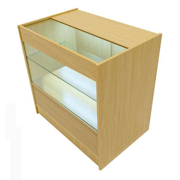 Gravity LED Shop Counter Set in maple finish, featuring a sleek design with glass shelves and a smooth wooden texture, ideal for displays