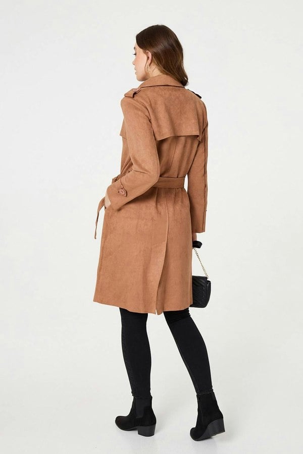 Tan | Faux Suede Button Front Trench Coat

