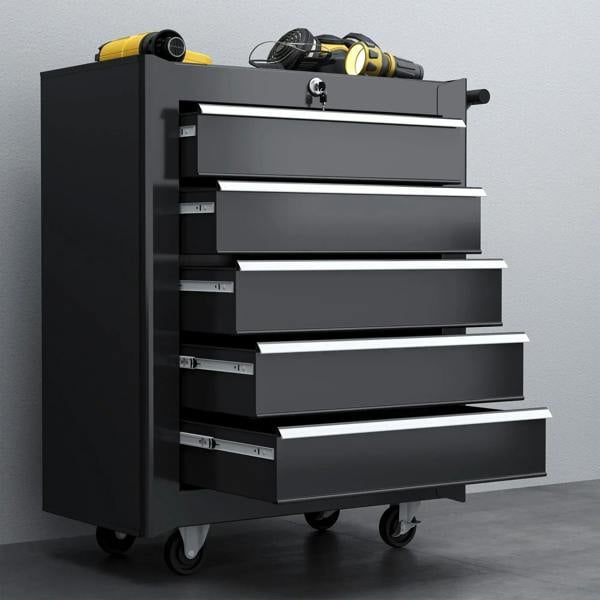 Black 5-drawer tool chest cabinet with recessed drawer fronts and rolling casters