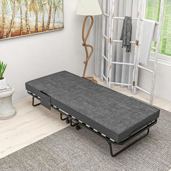 Single folding bed with dark grey upholstered mattress, black side handles and caster wheels