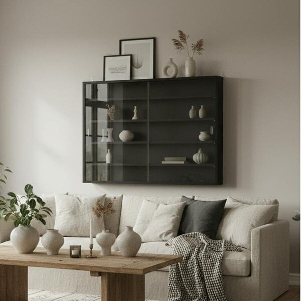Wyld Haus Velura Wood And Glass Black 5 Tier Wall Display Cabinet With Adjustable Shelves 60 x 80 cm