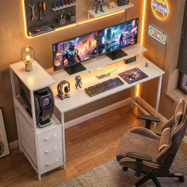 147cm Gaming Desk with Charging Station and Monitor Stand, Computer Table for Home Office with RGB Lights, White - White