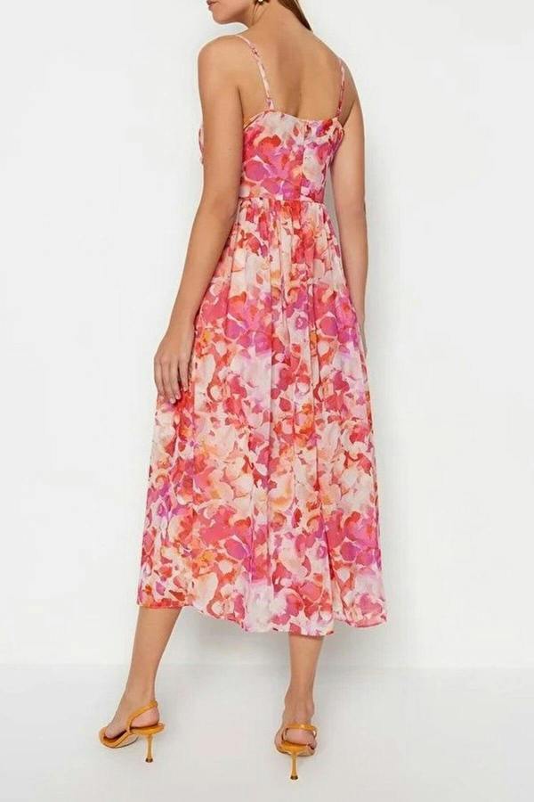 WOVCOR Floral Patterned A-Line Lined Maxi Woven Dress with Ruffle Detail